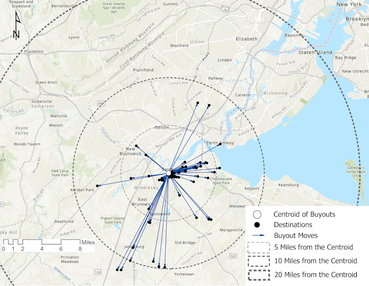 A map of Middlesex, N.J., and the surrounding area shows most moves were within a 10-mile radius.