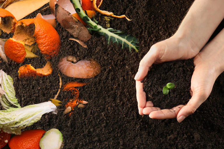 Food scraps for composting on a bed of soil with a woman holding soil in cupped hands including a green seedling, top view