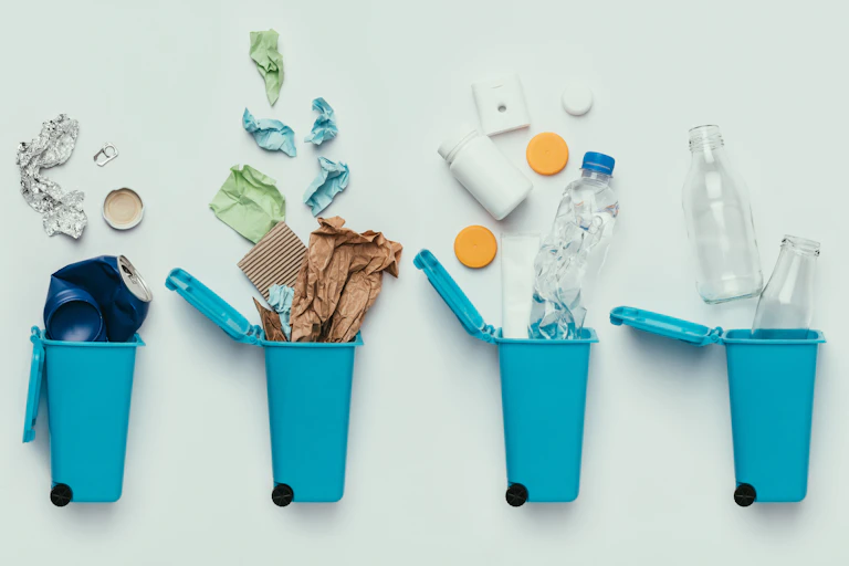 Bins filled with different types of recycling.