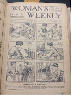 Woman's Weekly magazine page showing women sewing.