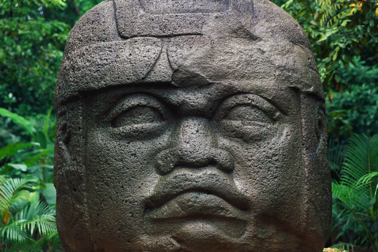 A huge head carved of stone sits in a jungle.