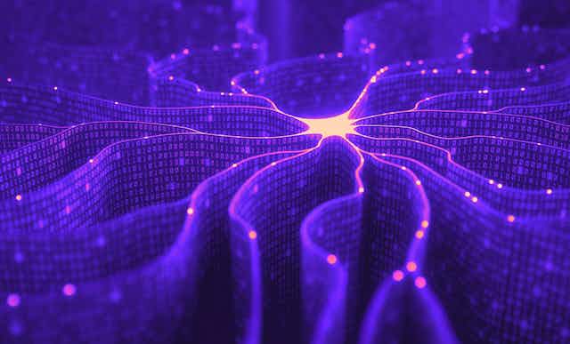 Purple image of a neuron shape with binary code running from it