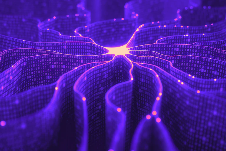 Purple image of a neuron shape with binary code running from it