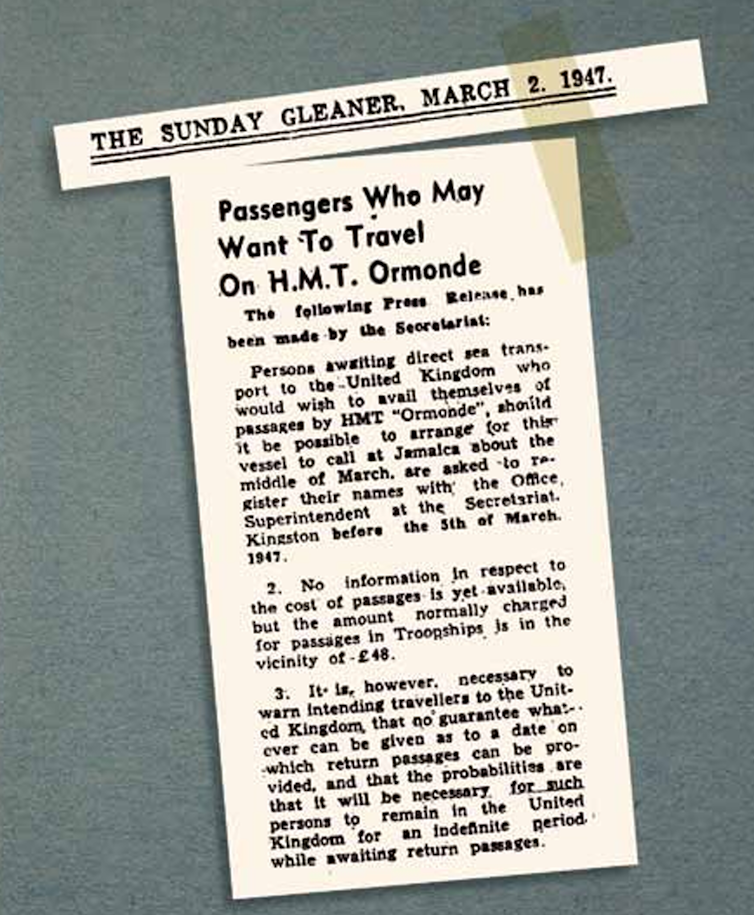 A newspaper cutting from the Kingston Gleaner newspaper from 1947.