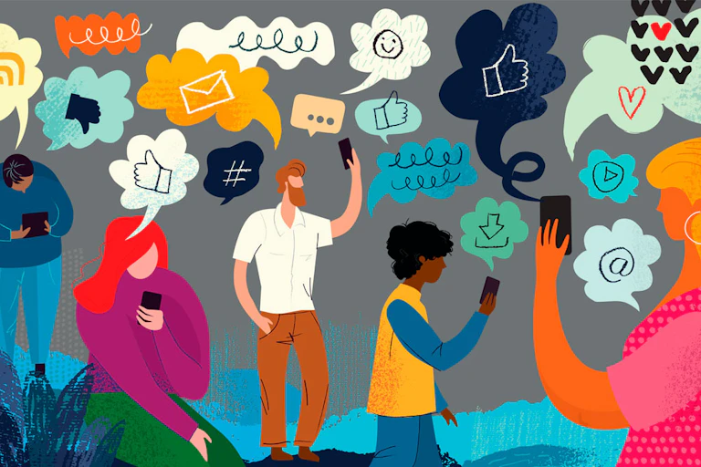 Ilustración que muestra jóvenes mirando el móvil e iconos de las redes sociales.