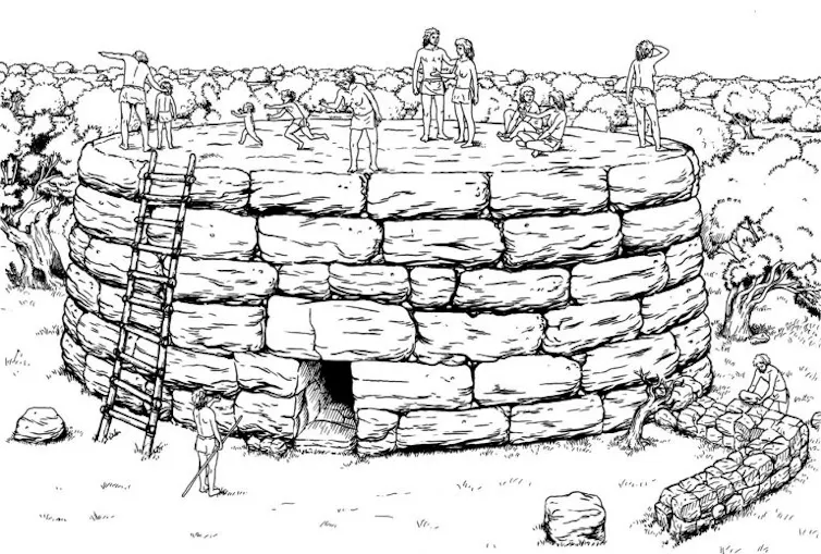 Dibujo de una construcción redonda de piedra y prehistórica con personas sobre el techo de la construcción.