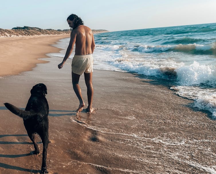 Rear view of a man and his dog walking on the beach