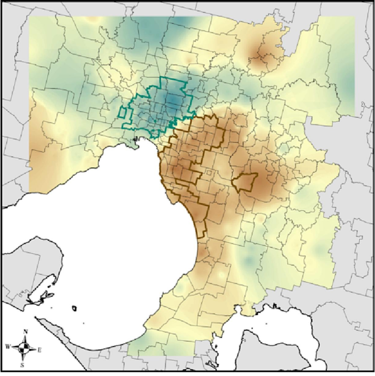 Colour-coded map show average connection to nature for neighbourhoods across Melbourne