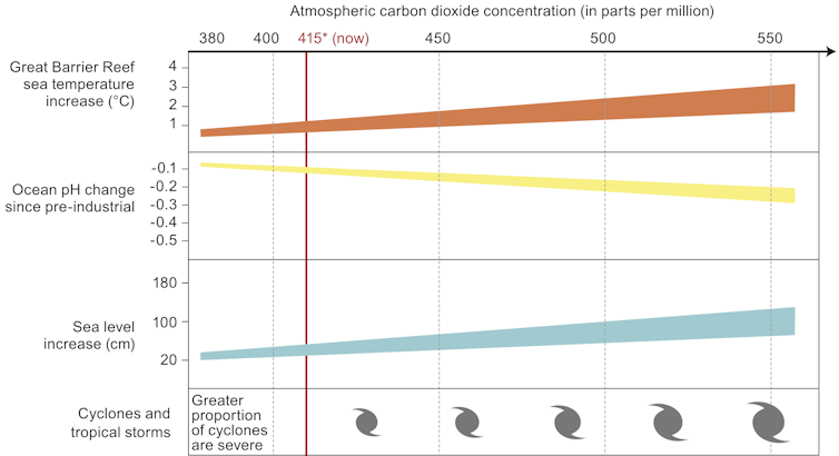 Graph showing changes in sea temperature, ocean pH, sea level and tropical cyclones