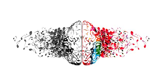 Infographie d'un cerveau traversé par des notes de musique