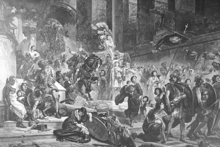 Ilustración de un hombre entrando a caballo en una plaza en la que corren mujeres y niños, rodeados de soldados.