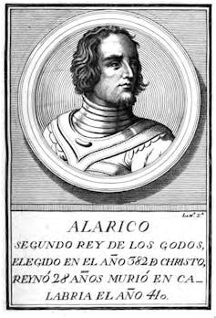Ilustración que retrata a un hombre de perfil y con armadura, Alarico.