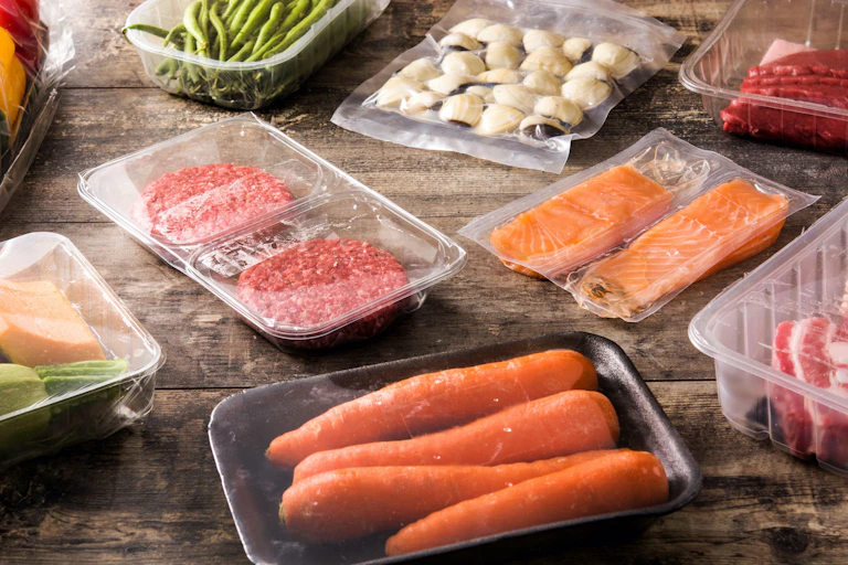 Carne, salmón y verduras en diferentes envases de plástico.