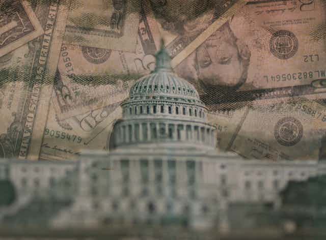 photo collage of US capital building with US currency behind it