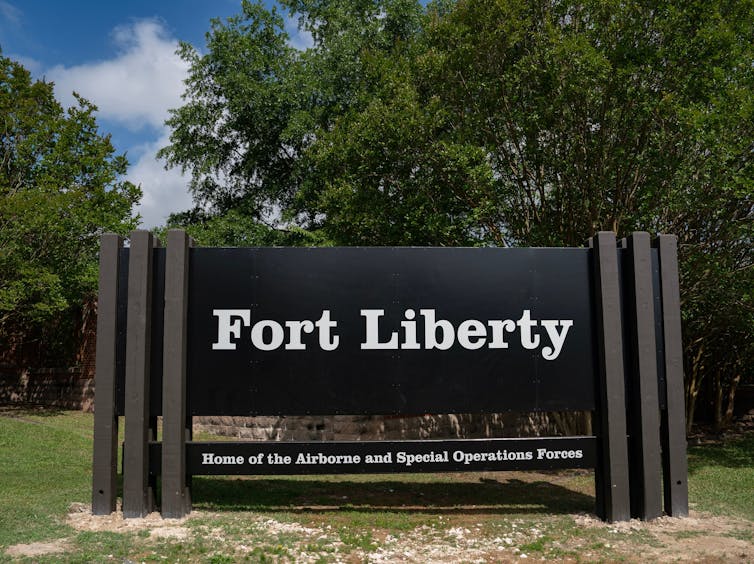 A sign on a military base reads Fort Liberty.