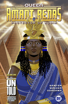 A comic book cover showing a Black woman in brilliant blue robes and gold jewelry in front of pyramids.