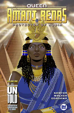 A comic book cover showing a Black woman in brilliant blue robes and gold jewelry in front of pyramids.