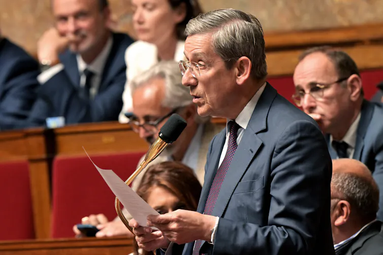 Le président du groupe LIOT Charles de Courson, qui a porté une proposition de loi visant à abroger la réforme des retraites, lors d’un débat à l’Assemblée Nationale, le 31 mai 2023