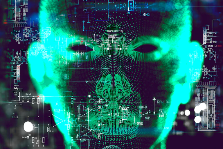 Graphic of face shape with computer circuitry