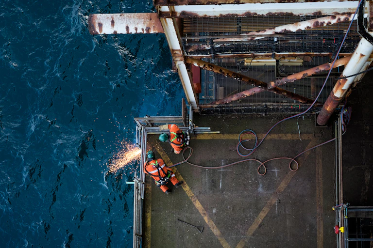 Two workers in orange overalls use cutting torches on the railing of a drilling platform.