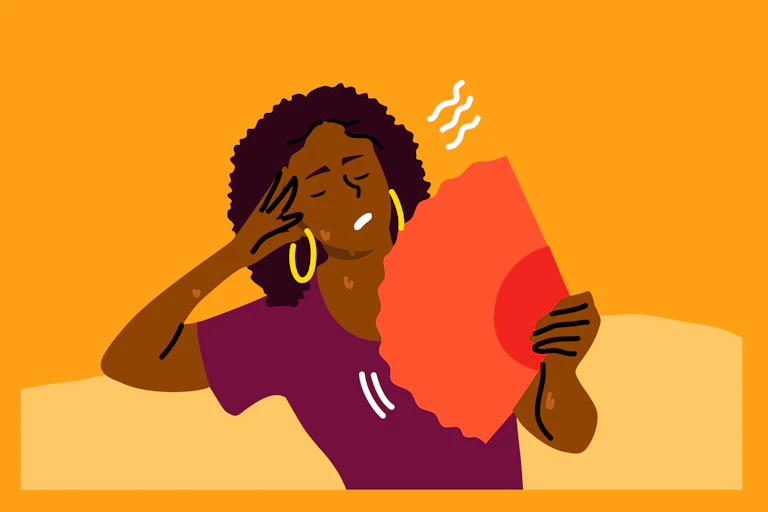 Colorful drawing of a woman fanning herself during a hot flash