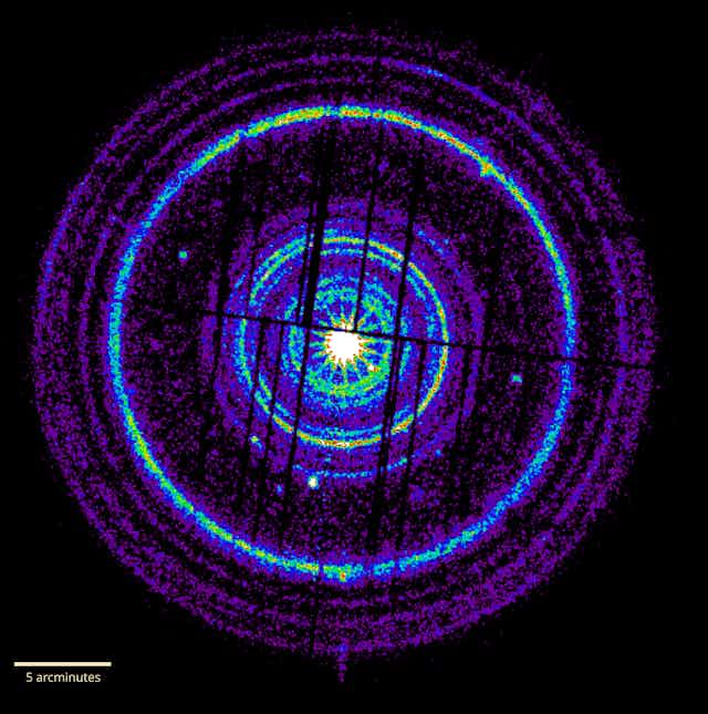 X-ray from the brightest ever gamma ray burst reflected off of dust layers, creating extended “light echoes” of the initial blast in the form ofrings expanding from the burst’s location. 
