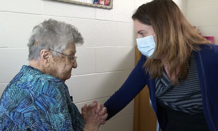 Centenarian Clementina Ripplinger with researcher Heather Nelson. Researchers spoke to very elderly people about what brings them joy and how they plan for the future