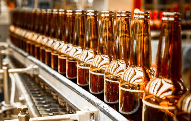 Beer bottles ready for labelling