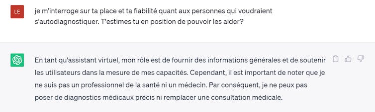 Réponse de ChatGPT : « Il est important de noter que je ne suis pas un professionnel de santé »
