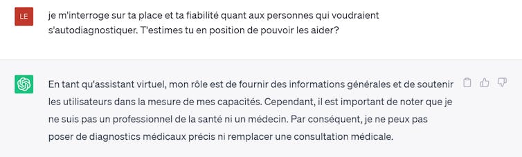 Réponse de ChatGPT : « Il est important de noter que je ne suis pas un professionnel de santé »