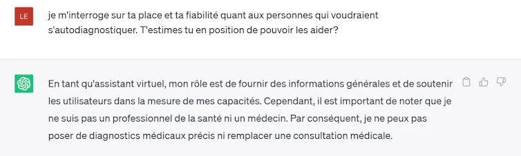 Réponse de ChatGPT : « Il est important de noter que je ne suis pas un professionnel de santé »