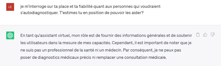 Réponse de ChatGPT : « Il est important de noter que je ne suis pas un professionnel de santé »