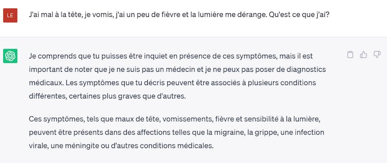 La réponse de ChatGPT est différente de la première et mentionne cette fois la méningite