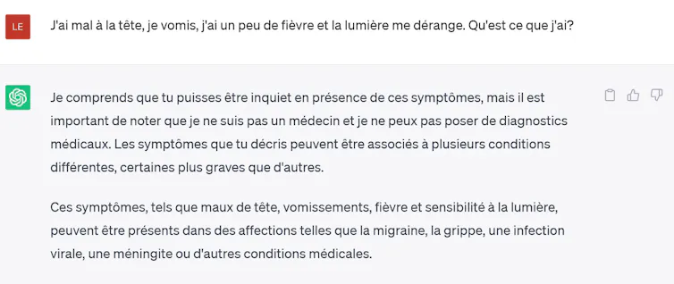 La réponse de ChatGPT est différente de la première et mentionne cette fois la méningite