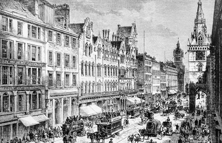 An etching of a historical street scene.