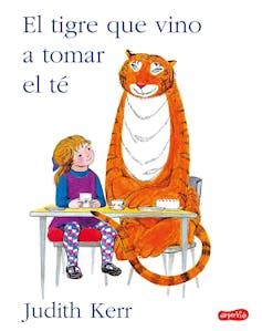 Dibujo de una niña y un tigre sentados a la mesa.