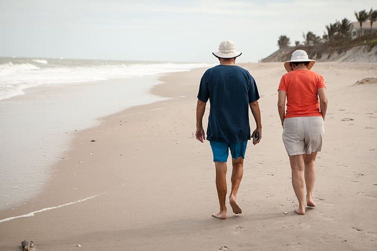Couple de personnes âgées marchant sur une plage de sable fin