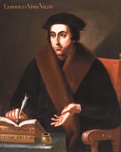 Pintura de un hombre con abrigo escribiendo en un libro amontonado sobre otros.