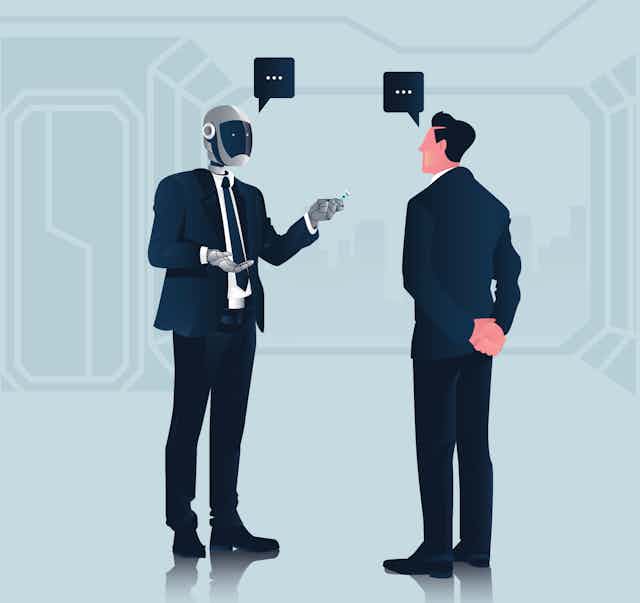 Cartoon image of a humanoid robot in a business suit talking with a human