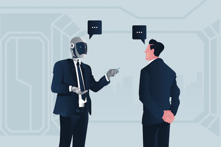 Cartoon image of a humanoid robot in a business suit talking with a human
