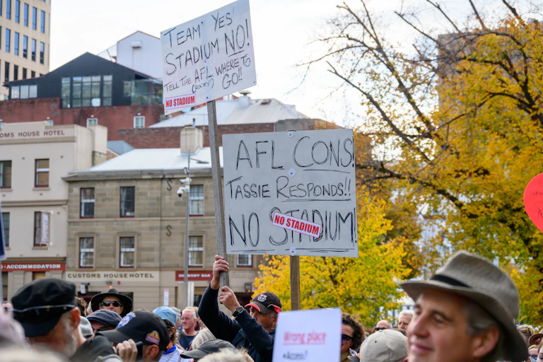 Protest against the proposed new waterfront AFL stadium in Hobart