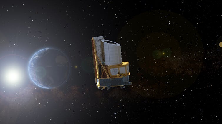 le satellite euclid dans l'espace, avec la terre et le soleil