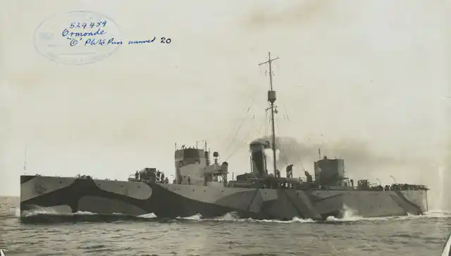An old sepia photograph of a war time ship called the SS Ormonde.