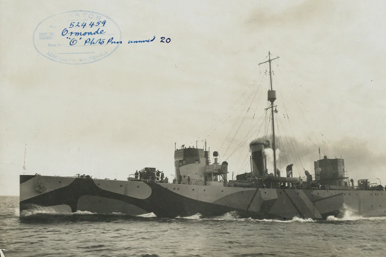 An old sepia photograph of a war time ship called the SS Ormonde.