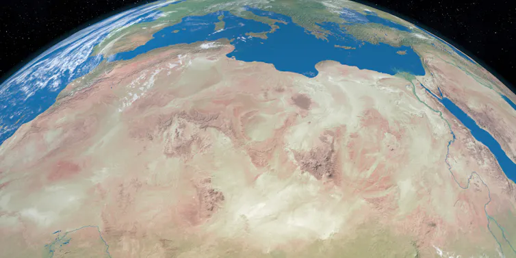 A satellite image of the Sahara Desert.