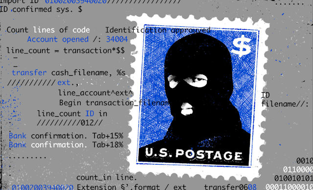 An illustration of a postage stamp with a person in a black ski mask on it to represent cyber crime 