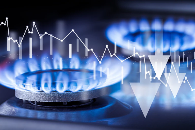 Dos quemadores de gas y un gráfico, concepto de reducción de precios.