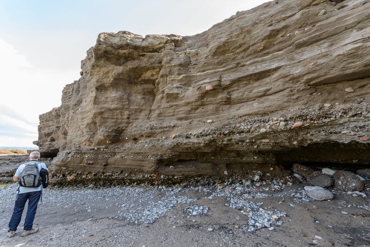 A person a beach looks up at a rock wall with clear evidence of different layers.