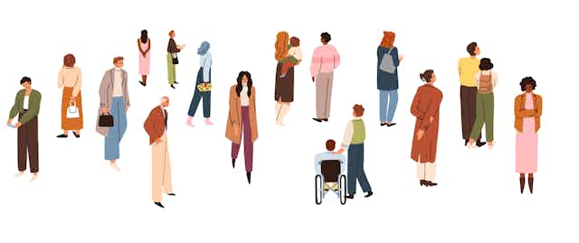 Illustrations of people of different ages and abilities walking in different directions.