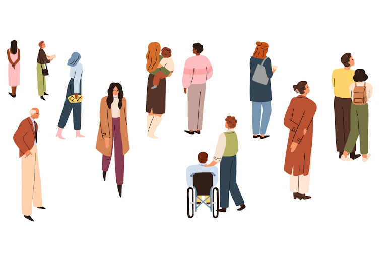 Illustrations of people of different ages and abilities walking in different directions.
